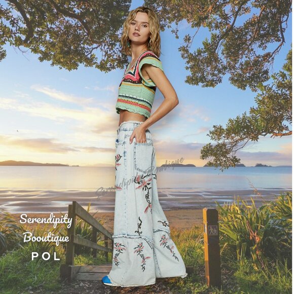 POL Bold Floral Embroider Denim Acid Faded Super Baggy Wide Flare Leg Blue Jeans - Picture 2 of 12